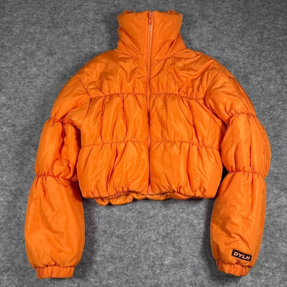 By.Dyln Puffer Jacket Orange Cropped Funnel Neck Womens XS